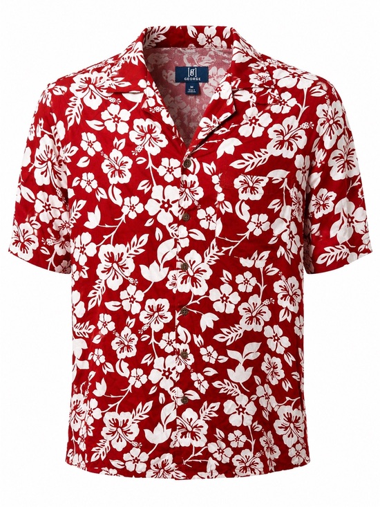 George Other - George Men’s Hawaiian Shirt L NWT Red White Hibiscus Floral Rayon Aloha Camp Top